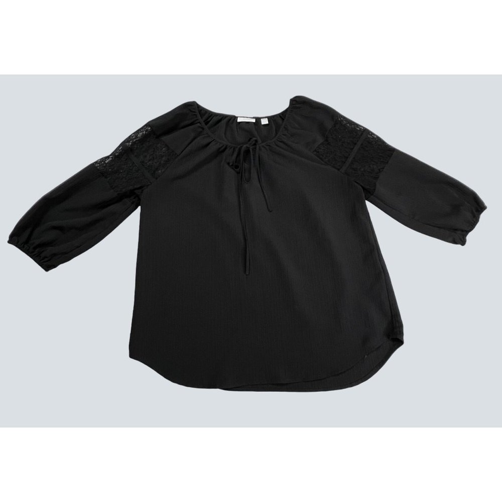 New York & Company Shirt Womens Medium Black Lace Sleeve Peasant Cropped Sleeve